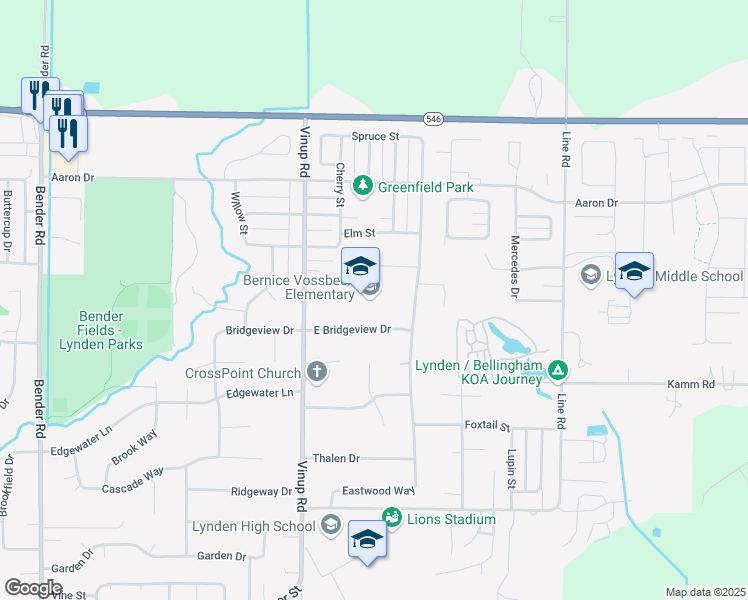 map of restaurants, bars, coffee shops, grocery stores, and more near 1301 Bridgeview Drive in Lynden