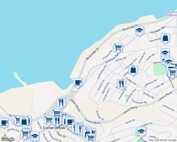 map of restaurants, bars, coffee shops, grocery stores, and more near 16 Old Humber Road in Corner Brook