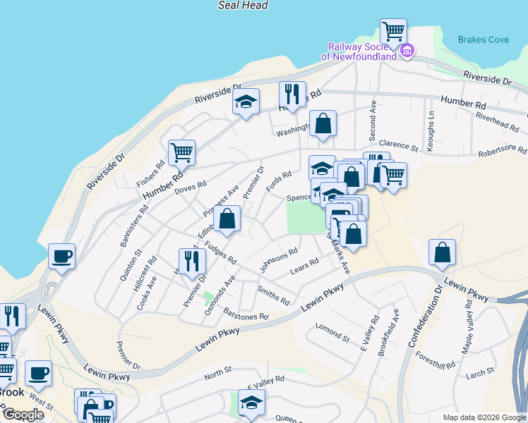 map of restaurants, bars, coffee shops, grocery stores, and more near 53 Premier Drive in Corner Brook