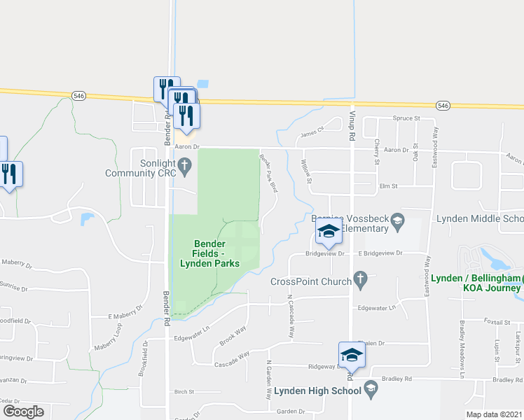 map of restaurants, bars, coffee shops, grocery stores, and more near 1903 Bender Park Boulevard in Lynden