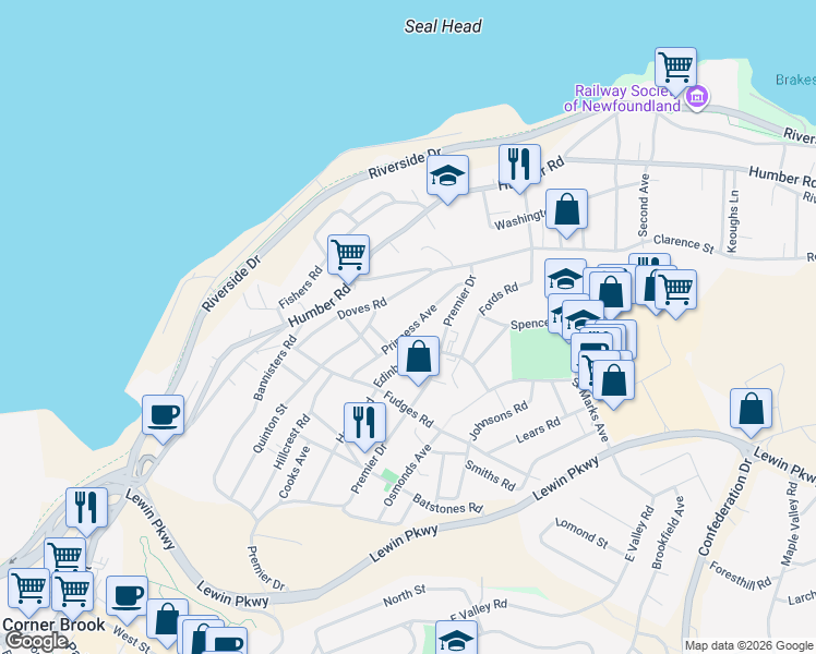 map of restaurants, bars, coffee shops, grocery stores, and more near Princess Avenue in Corner Brook