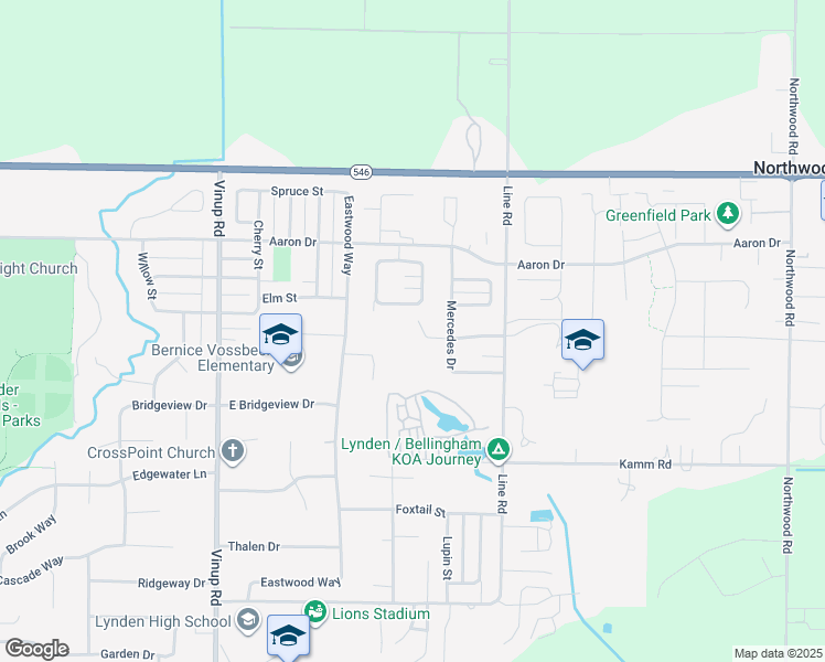map of restaurants, bars, coffee shops, grocery stores, and more near 1550 Scenic Place in Lynden