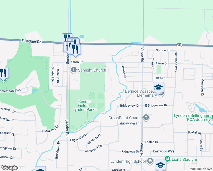 map of restaurants, bars, coffee shops, grocery stores, and more near 1903 Bender Park Boulevard in Lynden