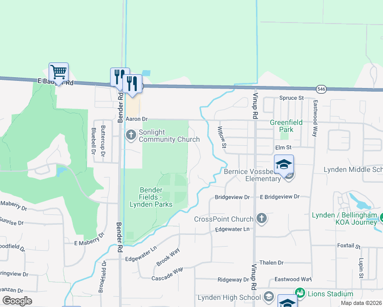 map of restaurants, bars, coffee shops, grocery stores, and more near 1904 Bender Park Boulevard in Lynden