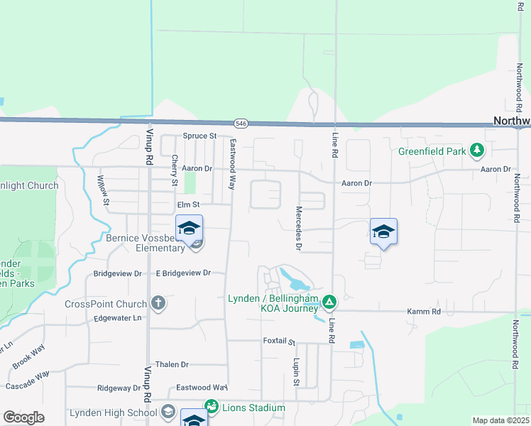 map of restaurants, bars, coffee shops, grocery stores, and more near 1550 Scenic Place in Lynden