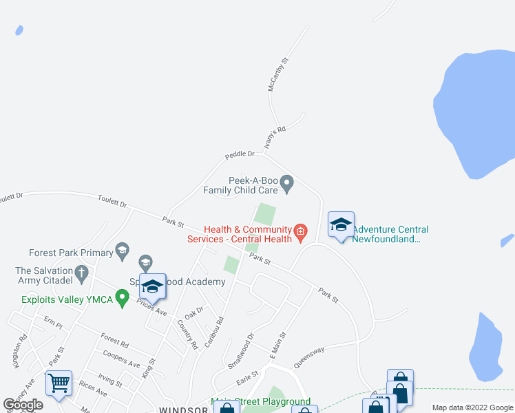 map of restaurants, bars, coffee shops, grocery stores, and more near Caribou Rd in Grand Falls-Windsor