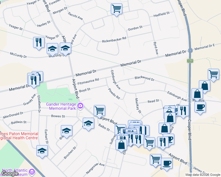 map of restaurants, bars, coffee shops, grocery stores, and more near 44 Pinedo Road in Gander