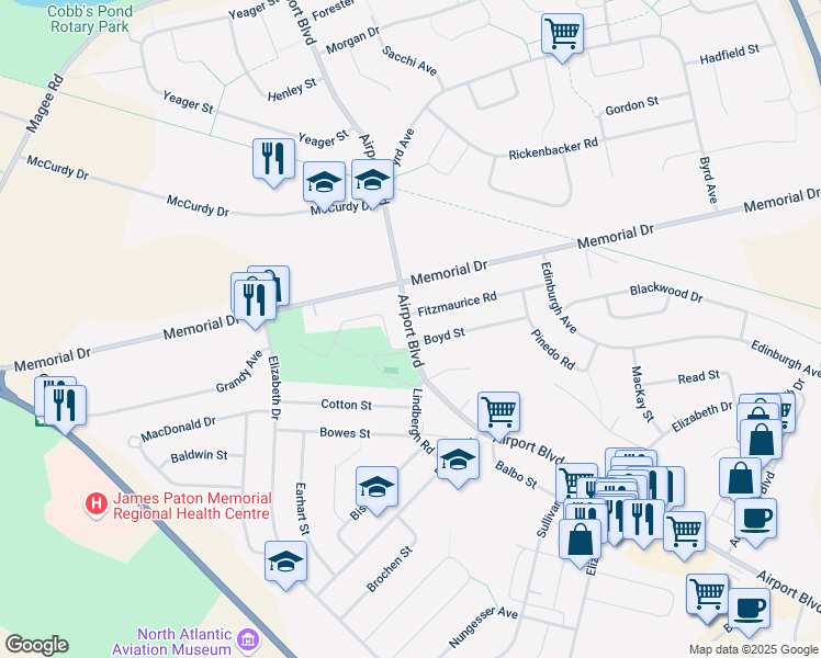 map of restaurants, bars, coffee shops, grocery stores, and more near Airport Boulevard in Gander