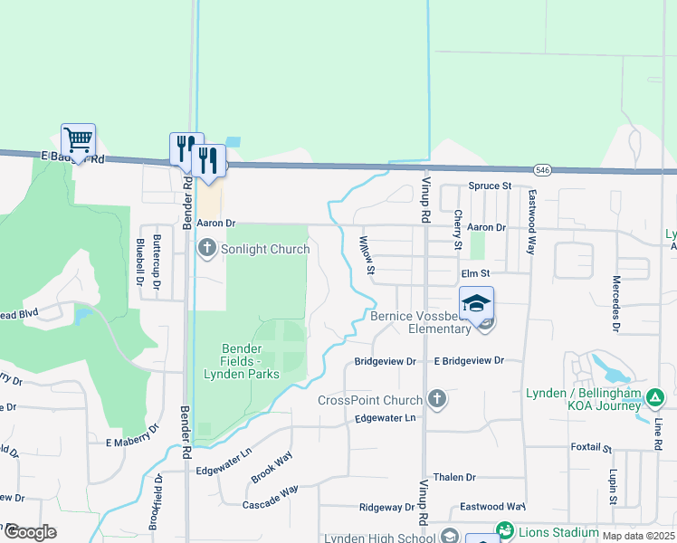 map of restaurants, bars, coffee shops, grocery stores, and more near 2072 Bender Park Boulevard in Lynden