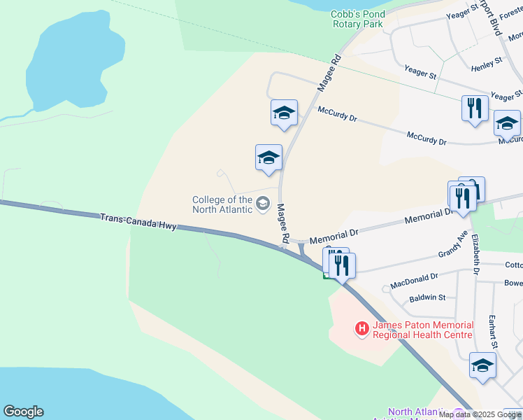 map of restaurants, bars, coffee shops, grocery stores, and more near 1 Magee Road in Gander