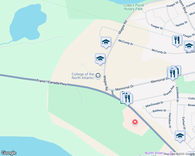 map of restaurants, bars, coffee shops, grocery stores, and more near 1 Magee Road in Gander