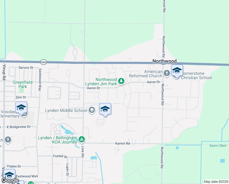 map of restaurants, bars, coffee shops, grocery stores, and more near 2162 Shea Street in Lynden