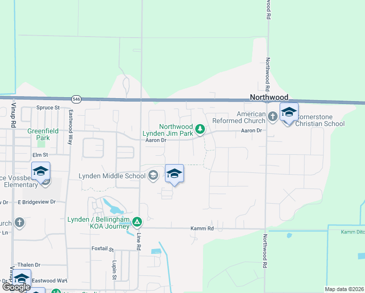 map of restaurants, bars, coffee shops, grocery stores, and more near 2162 Shea Street in Lynden