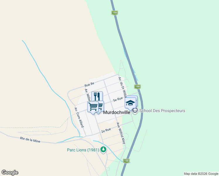 map of restaurants, bars, coffee shops, grocery stores, and more near 624 Avenue Wilfrid Doucet in Murdochville