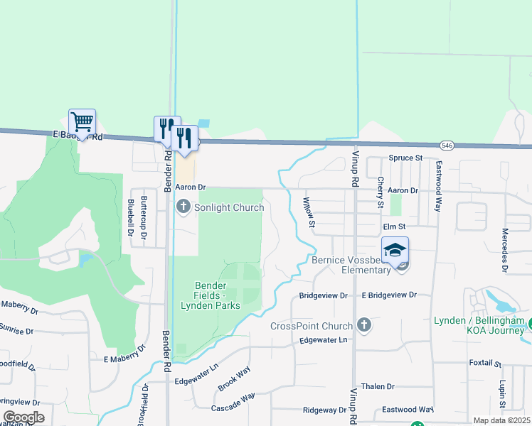 map of restaurants, bars, coffee shops, grocery stores, and more near 2073 Bender Park Boulevard in Lynden