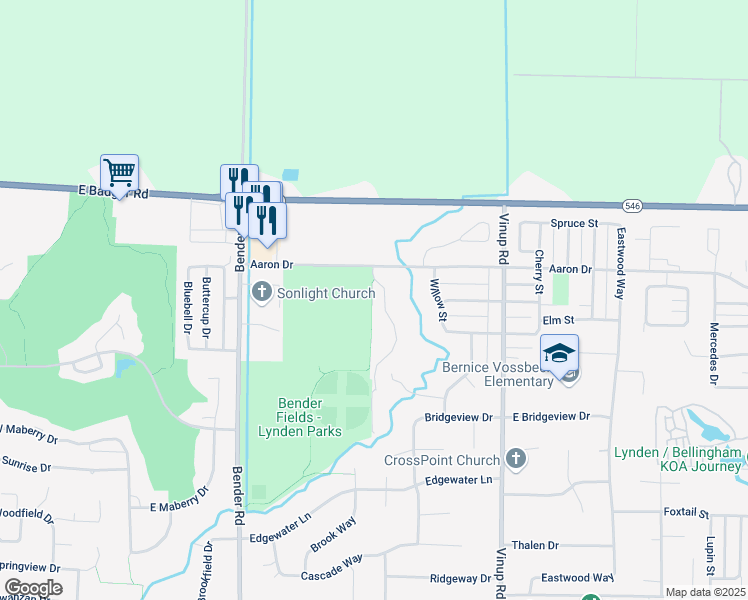 map of restaurants, bars, coffee shops, grocery stores, and more near 2073 Bender Park Boulevard in Lynden