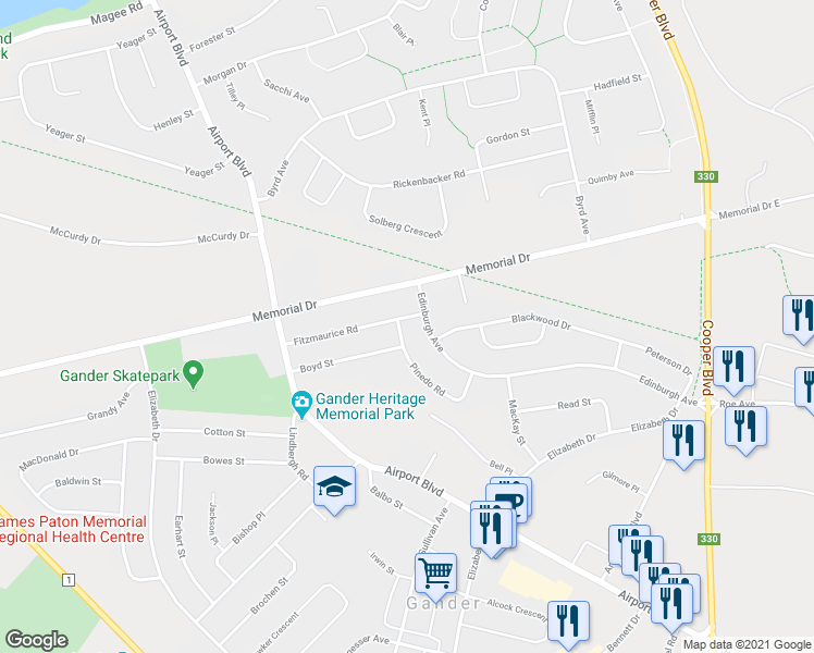 map of restaurants, bars, coffee shops, grocery stores, and more near 44 Pinedo Road in Gander