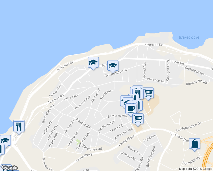 map of restaurants, bars, coffee shops, grocery stores, and more near 52 Clarence Street in Corner Brook