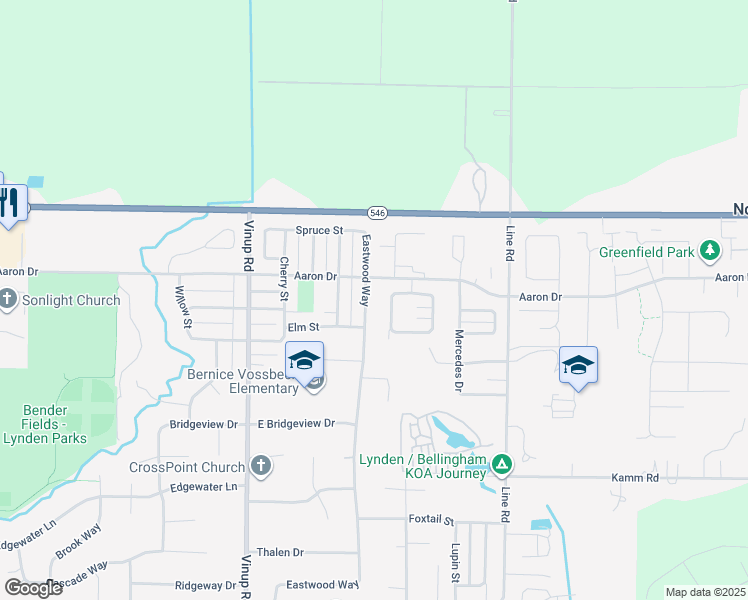 map of restaurants, bars, coffee shops, grocery stores, and more near 2148 Eastwood Way in Lynden