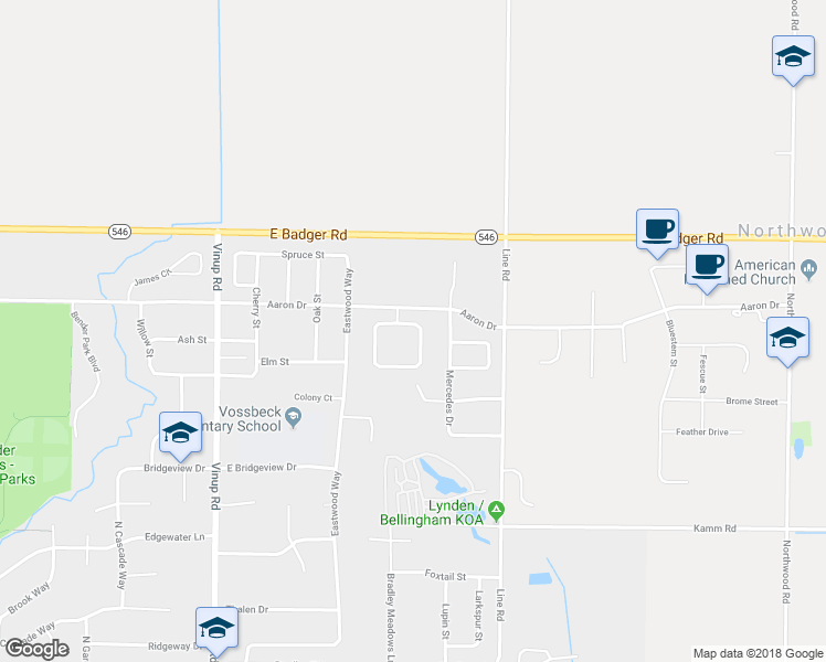 map of restaurants, bars, coffee shops, grocery stores, and more near 1571 Bryce Park Loop in Lynden