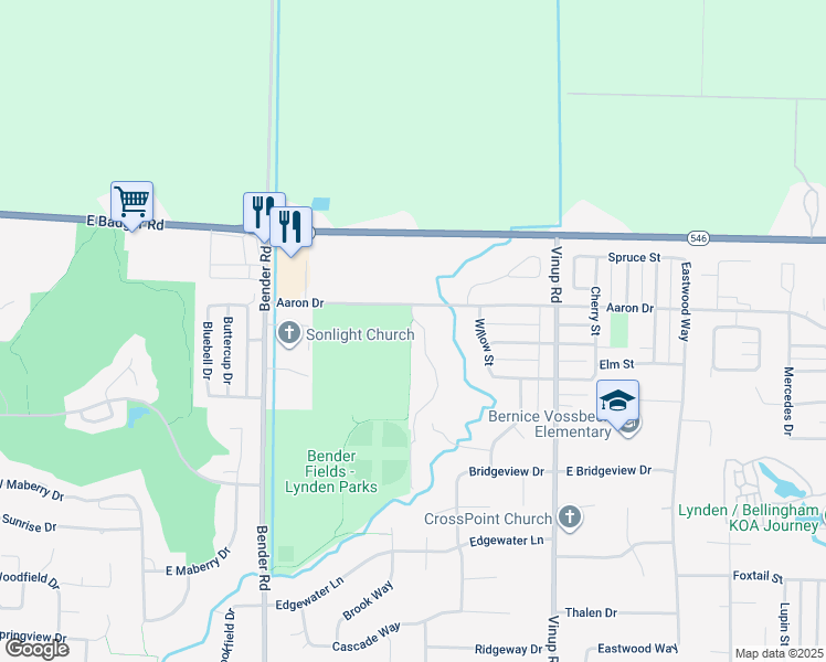 map of restaurants, bars, coffee shops, grocery stores, and more near 2073 Bender Park Boulevard in Lynden