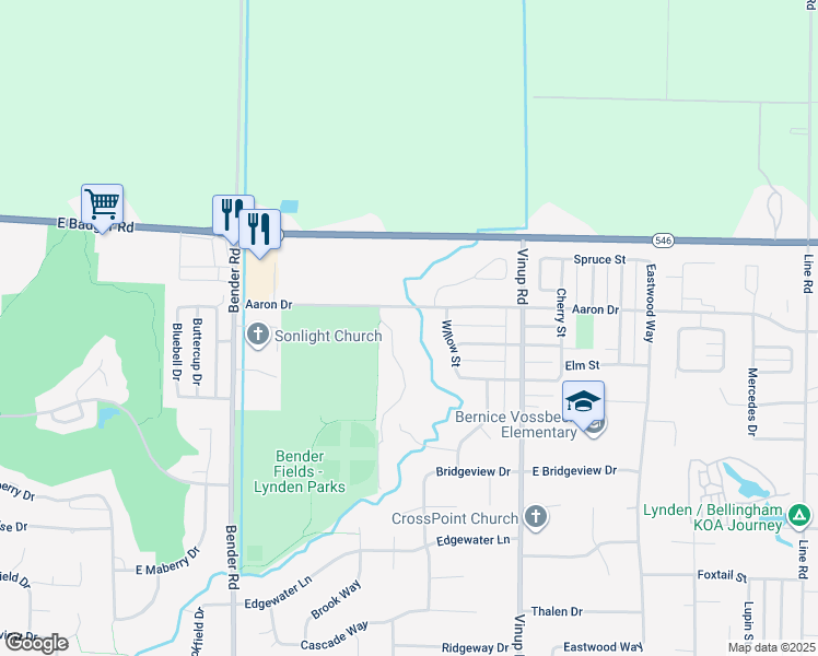 map of restaurants, bars, coffee shops, grocery stores, and more near 2072 Bender Park Boulevard in Lynden