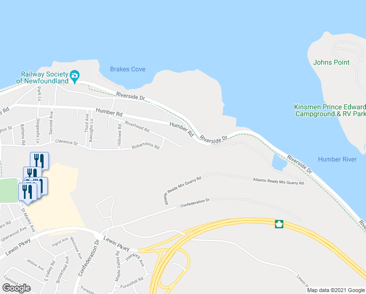 map of restaurants, bars, coffee shops, grocery stores, and more near 72 Riverhead Road in Corner Brook