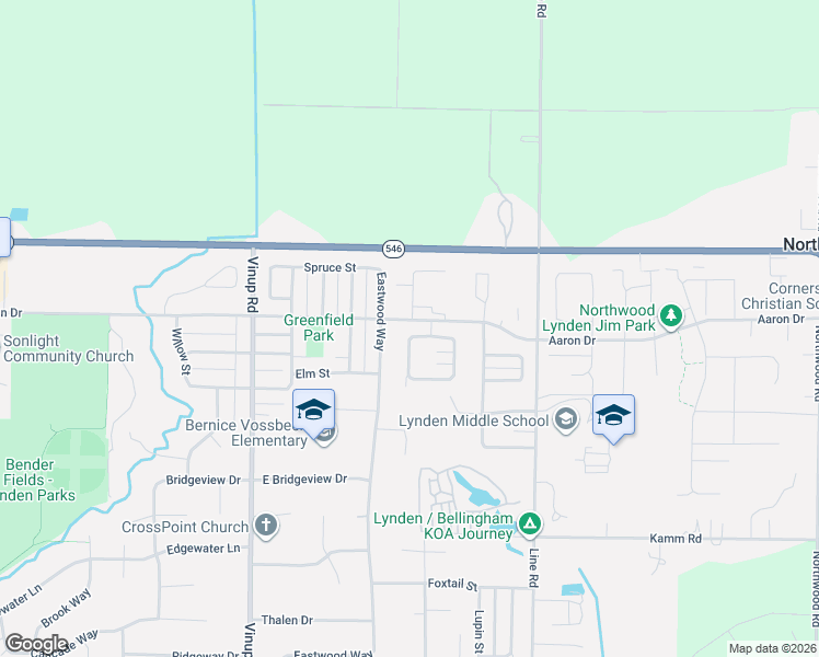 map of restaurants, bars, coffee shops, grocery stores, and more near 1522 Bryce Park Loop in Lynden