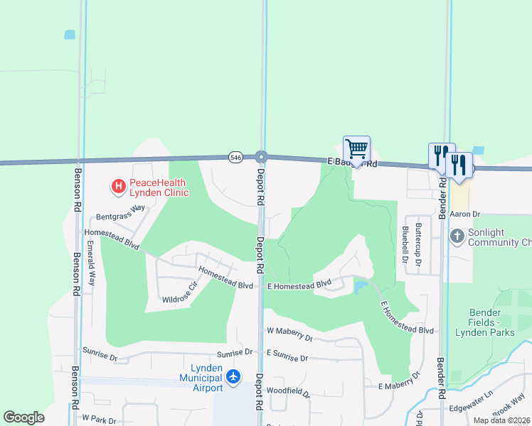 map of restaurants, bars, coffee shops, grocery stores, and more near 300 Island Green Way in Lynden