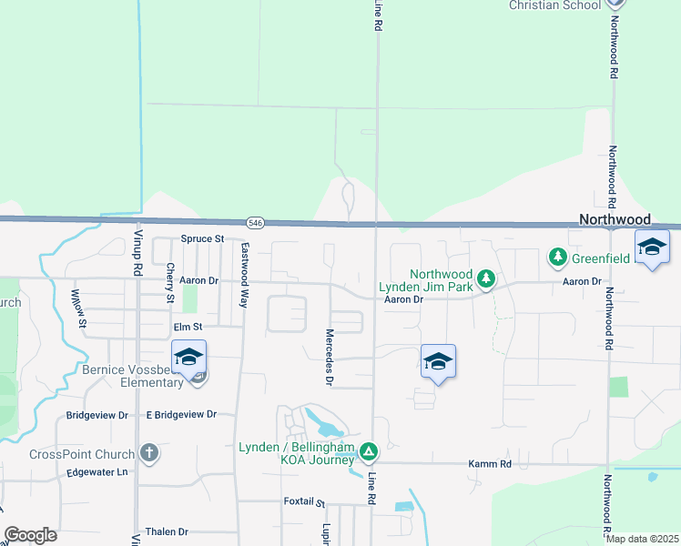map of restaurants, bars, coffee shops, grocery stores, and more near 2225 Mercedes Drive in Lynden