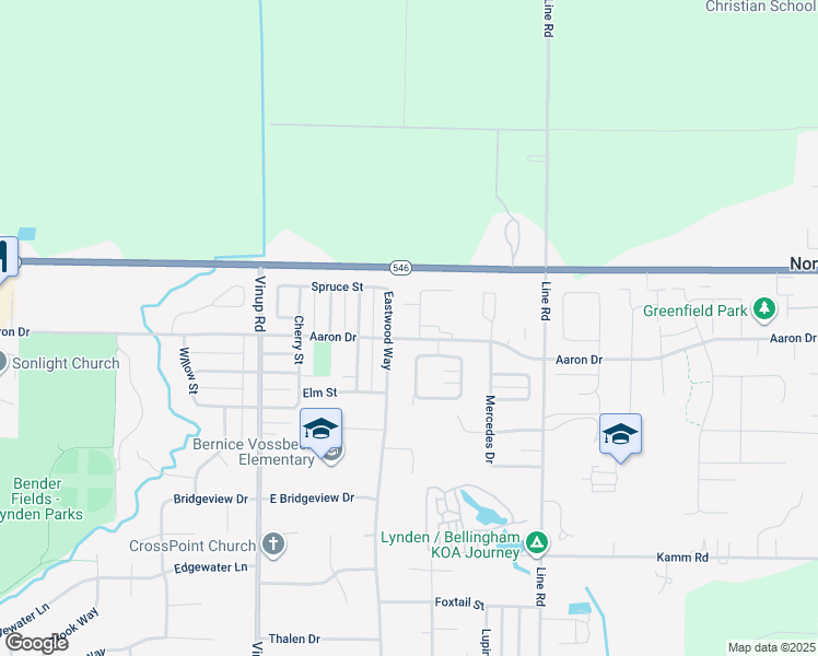 map of restaurants, bars, coffee shops, grocery stores, and more near 2238 Eastwood Way in Lynden