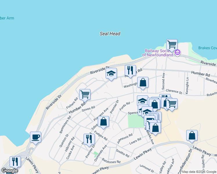 map of restaurants, bars, coffee shops, grocery stores, and more near 105 Humber Road in Corner Brook