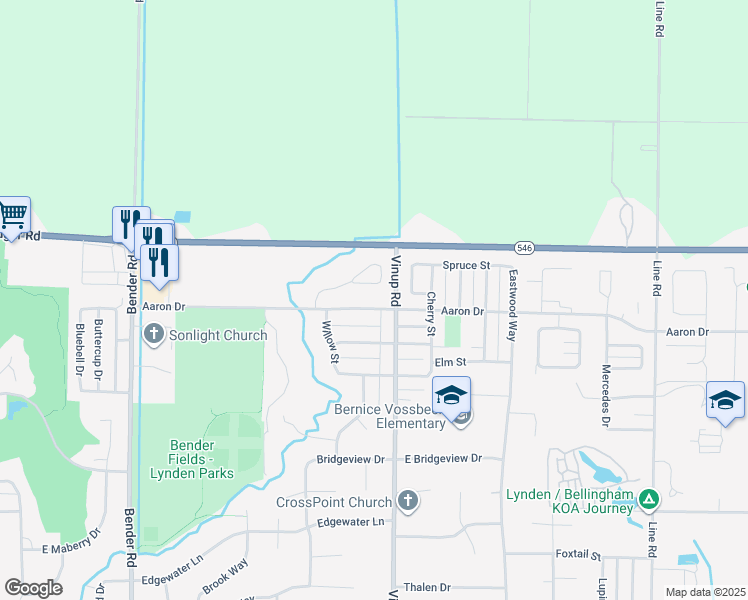 map of restaurants, bars, coffee shops, grocery stores, and more near 2236 James Circle in Lynden