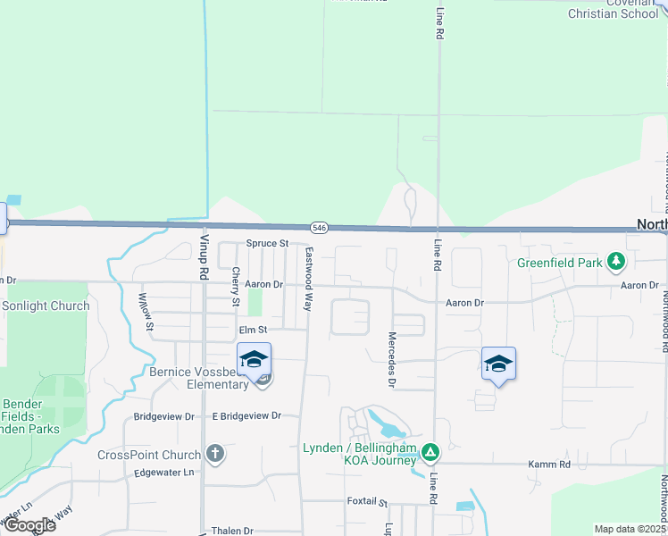 map of restaurants, bars, coffee shops, grocery stores, and more near 2238 Eastwood Way in Lynden