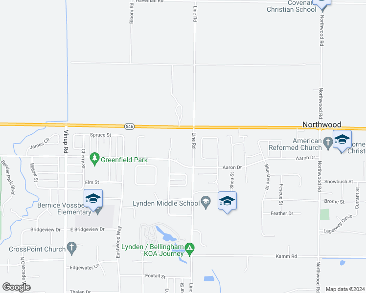 map of restaurants, bars, coffee shops, grocery stores, and more near 2232 Mercedes Place in Lynden