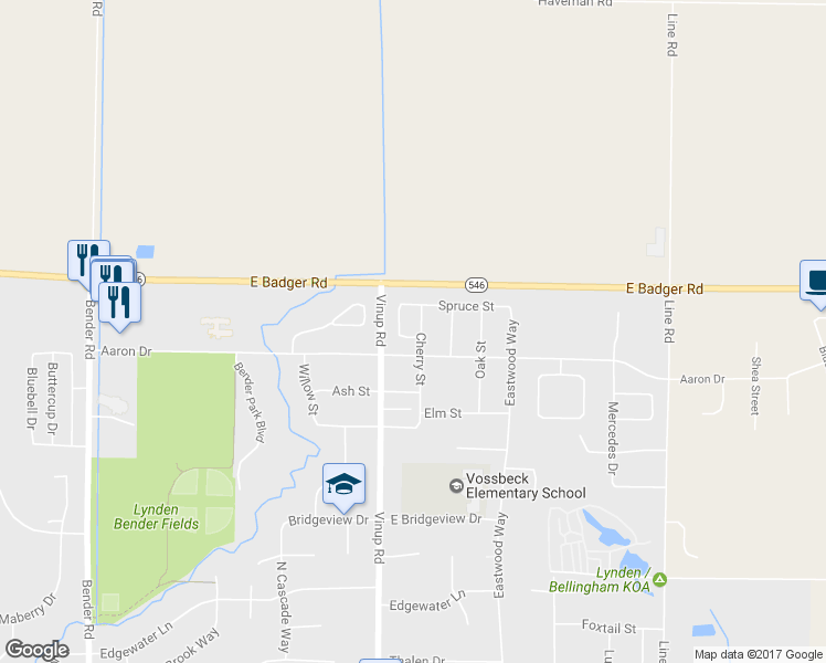 map of restaurants, bars, coffee shops, grocery stores, and more near 1208 Spruce Circle in Lynden
