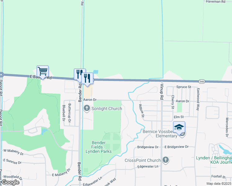 map of restaurants, bars, coffee shops, grocery stores, and more near 905 Aaron Drive in Lynden