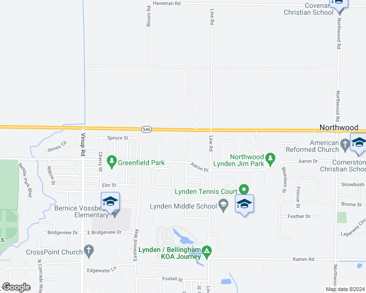 map of restaurants, bars, coffee shops, grocery stores, and more near 2225 Mercedes Drive in Lynden