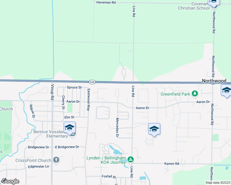 map of restaurants, bars, coffee shops, grocery stores, and more near 2225 Mercedes Drive in Lynden
