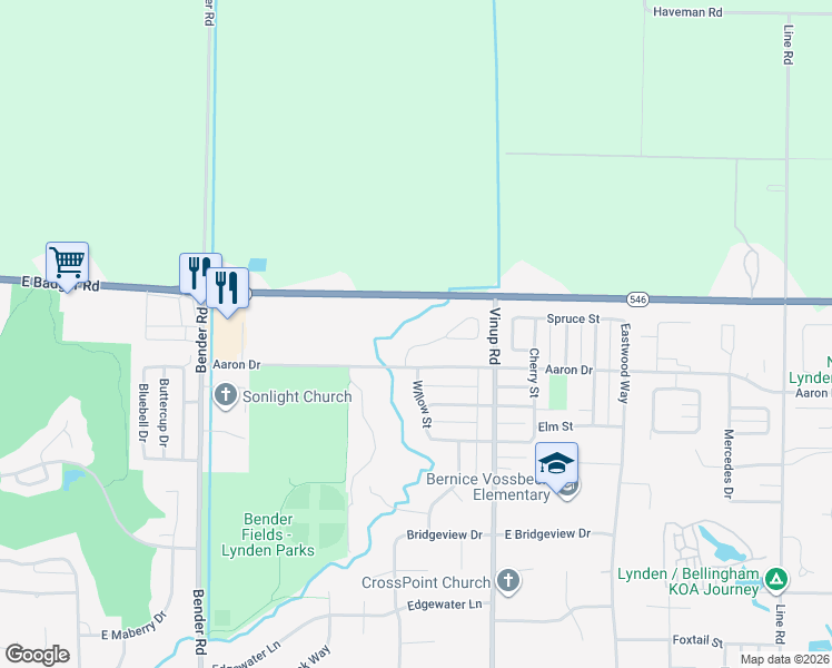 map of restaurants, bars, coffee shops, grocery stores, and more near 2225 James Circle in Lynden