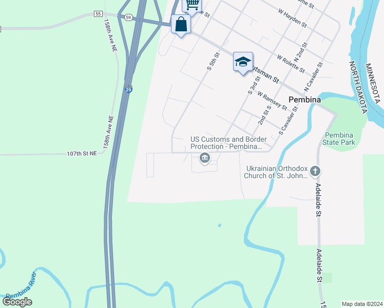 map of restaurants, bars, coffee shops, grocery stores, and more near 388 Division Street in Pembina