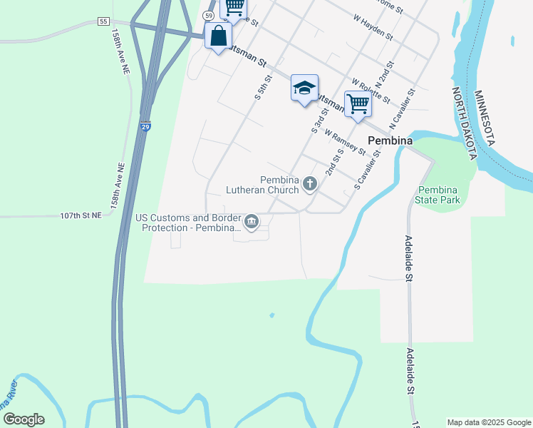 map of restaurants, bars, coffee shops, grocery stores, and more near 200 Division Street in Pembina