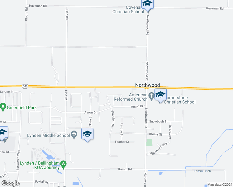 map of restaurants, bars, coffee shops, grocery stores, and more near 1966 North Prairie Lane in Lynden