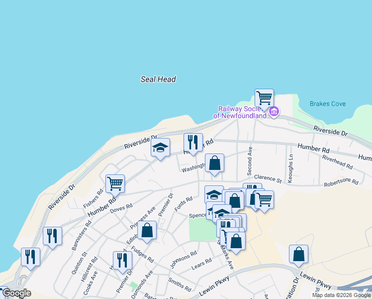 map of restaurants, bars, coffee shops, grocery stores, and more near 2 Eddys Lane in Corner Brook