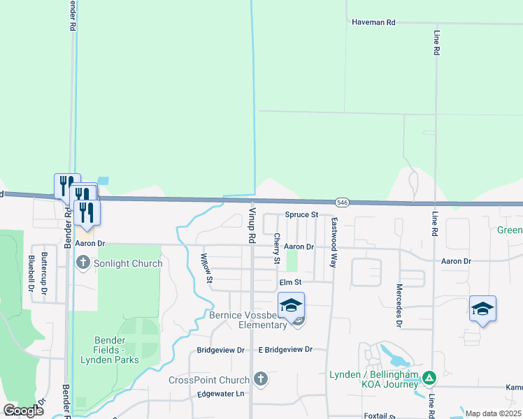 map of restaurants, bars, coffee shops, grocery stores, and more near 2297 James Circle in Lynden