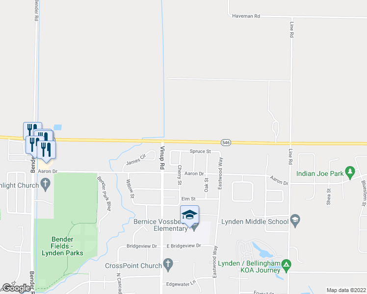 map of restaurants, bars, coffee shops, grocery stores, and more near 1315 Spruce Street in Lynden