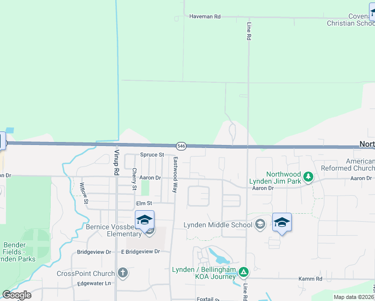 map of restaurants, bars, coffee shops, grocery stores, and more near 1485 Spruce Street in Lynden