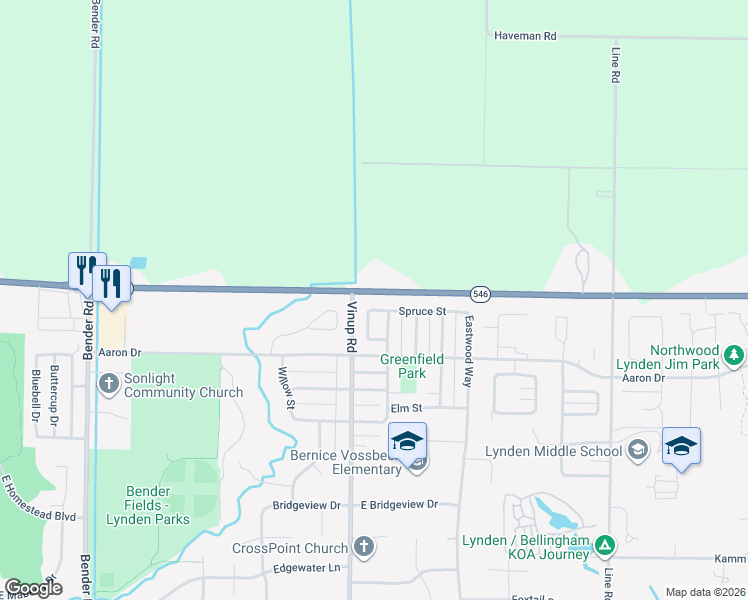 map of restaurants, bars, coffee shops, grocery stores, and more near 1126 East Badger Road in Lynden