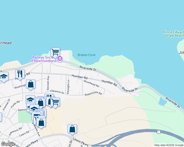 map of restaurants, bars, coffee shops, grocery stores, and more near 110 A Station Road in Corner Brook