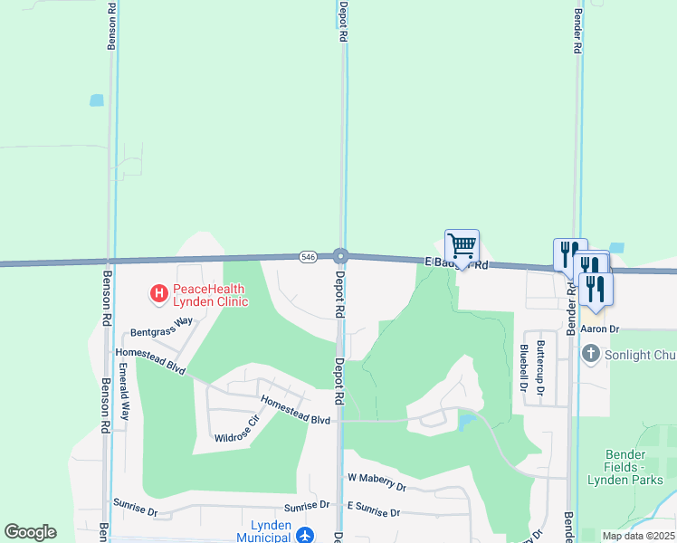map of restaurants, bars, coffee shops, grocery stores, and more near 8896 Depot Road in Lynden